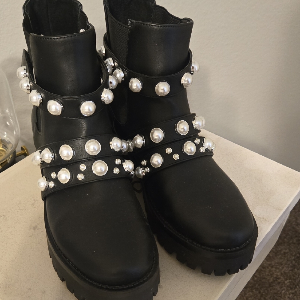 Black Pearl-Embellished Ankle Boots